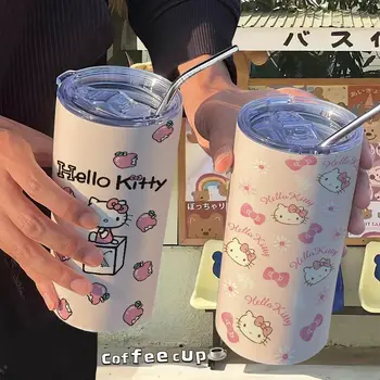 420Ml Kawaii Hello Kitty Draagbare Koffie Kopjes Thermoses Rvs waterfles met Stro Buiten Non-Slip Reizen Auto Mokken