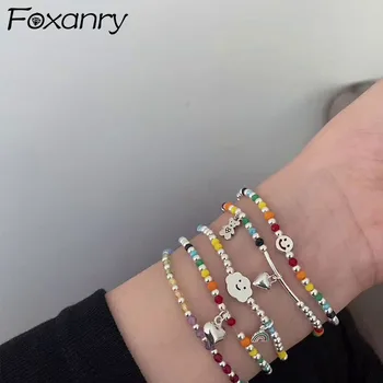 FOXANRY Zilveren Kleur Armbanden voor Vrouwen Mode Vintage Koppels Handgemaakte Kleurrijke Kralen Simpele Glimlach het Gezicht van de Partij Sieraden