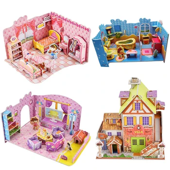 DIY Pop Poppenhuis Monteren Puzzel Speelgoed Voor Kinderen Miniaturen, poppenhuis Meubels Kit Jigsaw 3D Papier Puzzels Meisje Speelgoed Geschenken