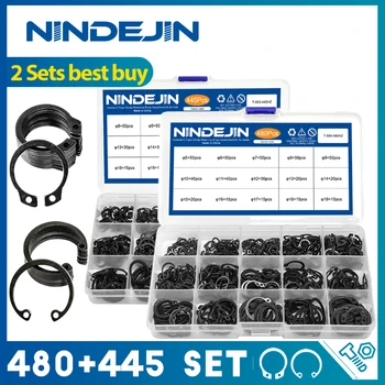 NINDEJIN 480pcs C-clip Buitenborgring Set φ5-φ19 Carbon Staal 445pcs C Type Interne Behoud van Ringen Kit φ8-φ24 voor het Spuiten