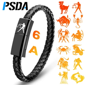 PSDA 3D 6A USB-Gegevenskabel 12 Tekens van de Dierenriem Sterrenbeeld Charme Lichtgevende Armband Mannen Vrouwen leren Armband Armband verjaardagscadeau