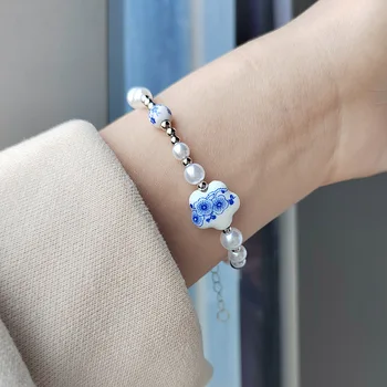 Verstelbare Pearl Blauw-Witte Kralen Armbanden voor Meisjes Keramiek Bloem Hanger Bedel Armbanden Aardewerk en Porselein, Sieraden