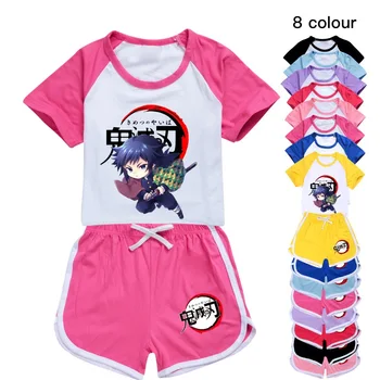 Demon Slayer Cartoon T-shirt+korte Broek Casual Sport Pak Kids Boutique Kleding van het Meisje van de Baby Tops Stel Jongens Pyjama ' s Nachtkleding