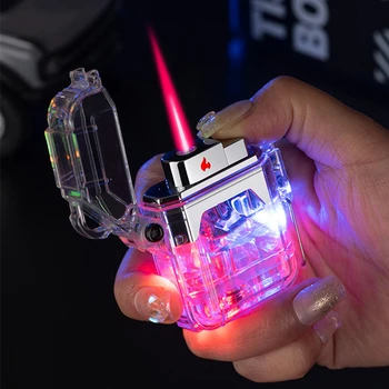 Nieuwe Creatieve Transparant Lichaam LED Gekleurde Licht Lichter Winddicht Waterdicht Coole Zaklamp Jet Aansteker Roken Accessoires