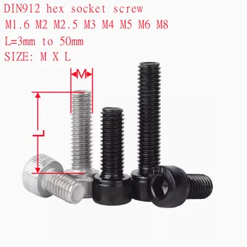 5-100ST DIN912 Cilinderkopschroef m1.6 M2 M2.5 M3 m4 m5 m6 m8 Rvs 304 / zwart staal hex socket kopschroef