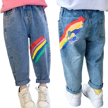 Hot Deals Jeans voor Meiden Kinderen 3-6Yrs Hoge Kwaliteit Graffiti Schilderij Afdrukken Casual Broek met Een Regenboog Cartoon Broek