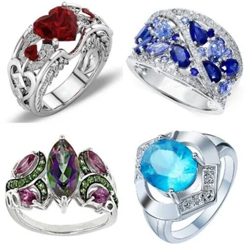Luxe Fashion Blue Crystal Strass Geometrische Ring Vrouwen Overdreven Zilveren Kleur Ring Betrokkenheid Bruiloft Sieraden