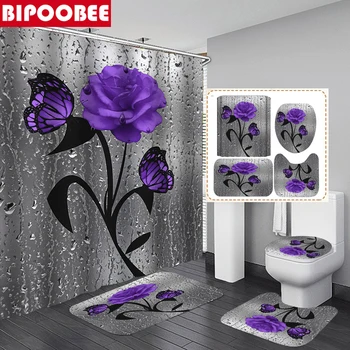 Purple Rose Bloemen Douche Gordijn Badkamer Gordijnen Set Vlinder-Bloem badmatten Wc Deksel van Anti-slip Tapijt Home Decor