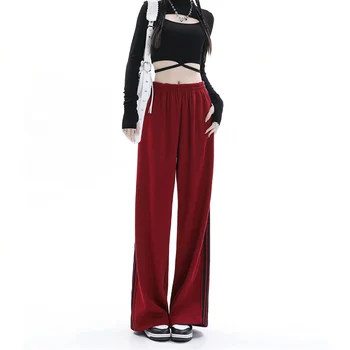 2023 Nieuwe Casual Side Stripe Womens Red Joggerssweatpants Streetwear Baggy Brede Broek heeft een Elastische Hoge Taille Vrouwen Broek