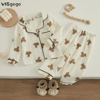 VISgogo Kinderen Unisex Katoen Pyjama Pak Dragen Print Lange Mouw Voorvak Revers Tops Lange Broek Voor De Lente Kleding Casual Set