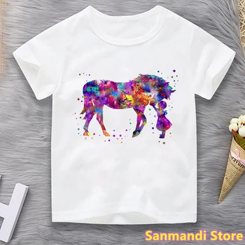 Aquarel Meisje Lief Paard Animal Print T-Shirts Meisjes Kinderkleding Schattige Eenhoorn T-Shirt Zomer Kinderkleding Harajuku Shirt