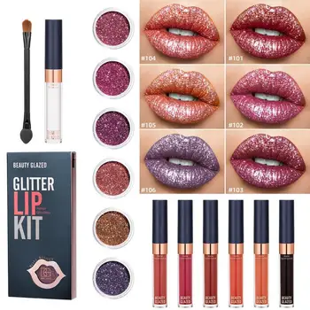 Glitter Lippen Kit Smudg-Pproof Water-Proof Langdurige Glans Vloeibare Lipstick Met Dubbele Einde Lip Brush Glitter Lip Primer