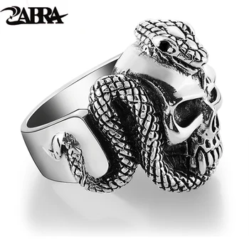 ZABRA 100% 925 echte Zilveren Skull Ring Mannen Met Grote Slang Punk Rock Cadeau Voor Biker Man Ringen Zilver Gothic Sieraden