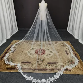 Geschulpte Vintage Lange Kant Bruiloft Sluier Van 3,5 Meter Lang met Een Laag Speciale Vertanding bruidssluier met Kam Bruiloft Accessoires