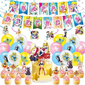 Kawaii Pretty Soldier Sailor Moon Cake Kaart Plaatsen Thema Verjaardag Ballon Trek Vlag Decoratieve Pak Meisje Verjaardagscadeau