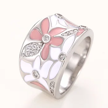 Huitan Verse Bloemen Email Vrouwen Ringen Zilver Kleur Band Breed Vinger Ringen voor Vrouwelijke Bruiloft Esthetische Bruids Sieraden