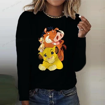 2023 Nieuwe Mode Disney Lion King Simba Print Tops t-Shirt Vrouwen Losse Lange Mouwen en Ronde Hals Casual T-shirt Herfst Trui