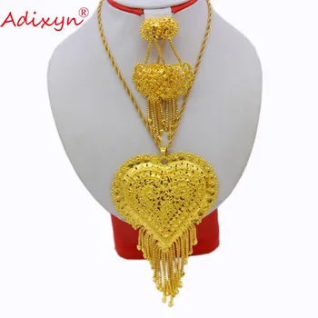 Adixyn Kleur: Goud Hart Ketting/Hanger/Oorbellen India Sieraden Set Luxe Arabische Afrikaanse Bruiloft Geschenken Gratis Box N12173
