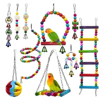 10 Verpakkingen Speelgoed voor Vogels Swing Kauwen Opleiding Papegaai Speelgoed Kauwtabletten Hangen Vogel Accessoires Huisdier Houten Bell Speelgoed Vogel Speelgoed