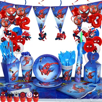 Cartoon Spiderman Thema Kinderen Verjaardagsfeestje Papier Plaat Cup Gave Tas Banner Vlag Wegwerp Tafelkleed Stro Ballon Decor