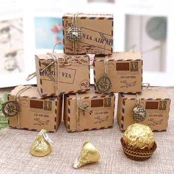 100pcs Vintage Gunsten Kraft Papier Candy Box Thema Reizen met het Vliegtuig Air Mail Geschenk Verpakking Dozen Bruiloft Souvenirs scatole regalo
