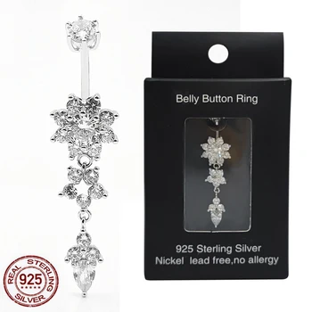 Nieuw Aangekomen 925 Sterling Zilveren navelpiercing Bar Barbell Bloem Vorm CZ Navel Piercing Sieraden