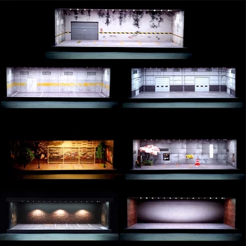 1/64 Schaal Diorama Auto Garage Model LED-Verlichting Parkeerplaats vitrine Scène Model Speelgoed Collectie Geschenken
