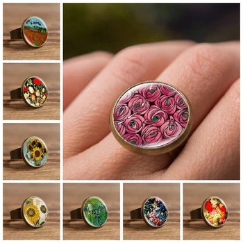 2019 Nieuwe Mode Roze Rozen Verstelbare Ring Romantische Bloemen Glazen Cabochon Ringen Resizable Ronde Handgemaakte Sieraden voor Vrouwen