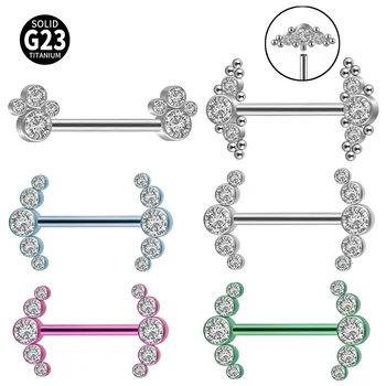 G23 Titanium Cz Tepel Lange-Halter-Ring Crystal Tepel Ring Zirkoon Cluster Nipple Shield Inwendig Schroefdraad Piercing Sieraden