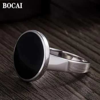 BOCAI Eenvoudige Stijl van de Nieuwe Real S925 Zilveren Ring Zwarte Man Rond het Vliegtuig Solid Mode-Sieraden-Accessoires