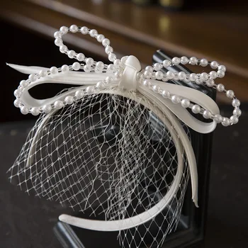 Frans Stijlvolle haarband van Pearl Satijnen Strik gezichtssluier haarband, Bruids Hoofdtooi Bruiloft van haar Accessoires