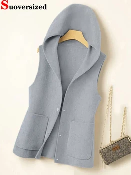 Herfst Winter Hooded Chique koreaanse Wollen Vest voor Vrouwen Elegante Wol Mix Mouwloze Jassen Losse Casual Basic-Nieuwe Gilet Jassen