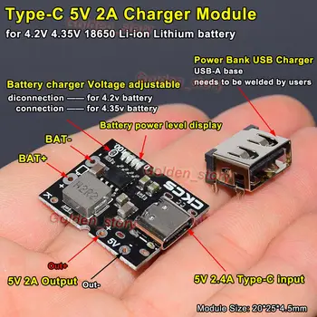 Mini 5V 2A Type-C USB-3.7 V 18650 Lithium Li-ion Batterij op te Laden Raad van PCB van het Micro-4.2 V 4.35 V-Acculader Module DOE-Power Bank