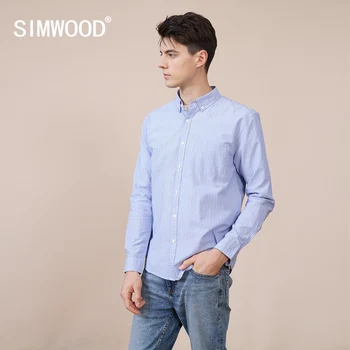 SIMWOOD 2023 Voorjaar Nieuwe Verticaal Gestreepte Shirts Mannen, 100% Katoen Casual Shirts Slim Fit borstzakken Shirt SK130123