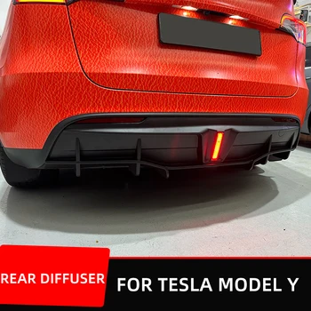 Voor De Tesla Model Y 2020 21 22 Auto Achterbumper Diffuser Lip Met Led Lamp Bodykit Matt Black Carbon Buitenkant Tuning Accessoires