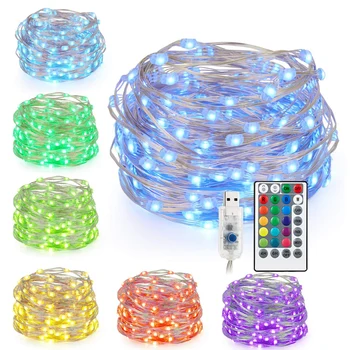 16color LED-String in het Licht van externe USB-ACCU RGB LED koperdraad Waterdichte Lamp Garland Fee Licht kerstboom Decoratie