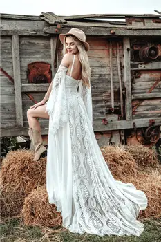 Hippie Gehaakte Kant Wedding Dress 2023 Met Split Sexy Backless Chique Burgerlijke Boheemse Trouwjurken Met Mouwen Romantische Bruid
