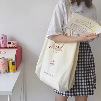 Vrouwen Canvas Shopping Tassen Parijse Extra Grote Herbruikbare Boodschappentas Eco-Vriendelijke Doek Schouder Tote Handtassen Handtas Voor Dames