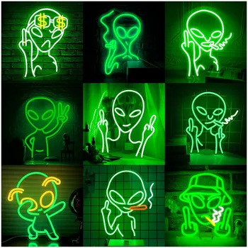 Het groene Roken Alien Leidene Teken van het Neon Licht Decor Muur USB-Aangedreven Neon Alien Cadeaus voor Kinderen Spel Home Verjaardag Neon Decor