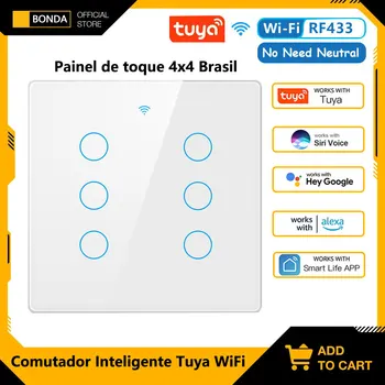 Tuya Wifi Smart Touch Schakelaar Licht Brazilië 4*4 Geen Neutrale Draad 4/6 Bende RF433 Afstandsbediening Op Off Light Smart Life Alexa Google Startpagina