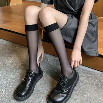 Zwarte mid-buis sokken vrouw fijne anti-hook-zijde over de knie sokken halve lengte JK kalf sokken met anti-slip-INS tij