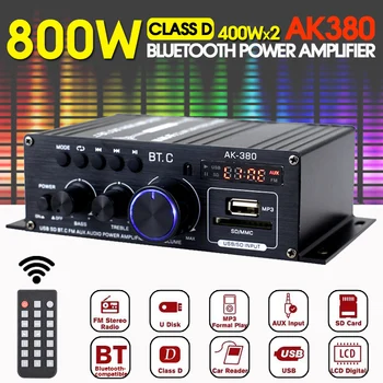 AK380 800W Bluetooth Versterker, HiFi Audio Karaoke Home Theater Versterker 2 Kanaals Power Class-D Versterker, USB-SD-AUX-Ingang