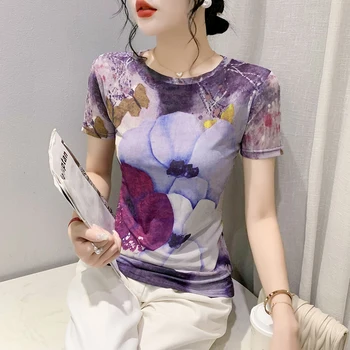 S-3XL Zomer Mesh Tee T-Shirt voor Vrouwen Fashion Gelegen Afdrukken Paarse Bloemen t-Shirts Meisjes O-Hals met Korte Mouwen Tops