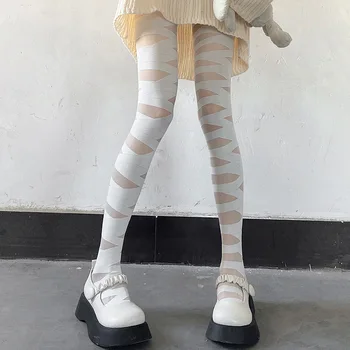 Lolita Kruis Bandjes Panty Harajuku Bandages Uitgehold Doorschijnende Kousen Dun Wit Zwart Japans Gebonden Lange Sokken