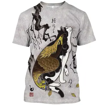 Japan Samurai Kat Afdrukken van Mannen en Vrouwen T-Shirt Fashion Trend van Casual Stijl O-hals Oversized t-Shirts Korte Mouw Gratis Verzending