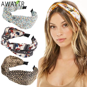 AWAYTR Mode Afdrukken Leopard Hoofdband Brede Cross Vrouwen Haarband Elastiek Boog Haar Hoop Bands Bezel Knoop Meisjes Haar Accessoires