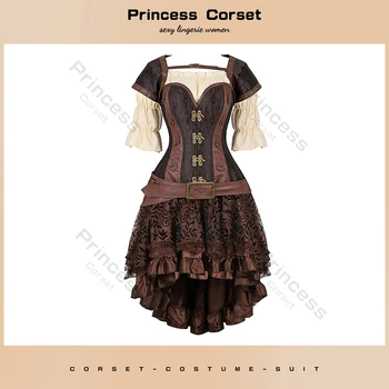 Bruin Pirate Dress Plus Size Faxu Leer Steampunk Korset Jurk met Schouder Uit Blouse Cosplay Piraten Kostuum voor Vrouwen