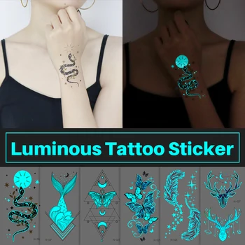 Blauwe Lichtgevende Tattoo Sticker Bos Maan Lichtgevende Slang Waterdichte Tijdelijke Tattoo Pols Nep Tattoo Body Art Dames Mannen