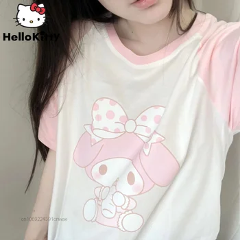 Sanrio Mijn Melodie Wit Roze Korte Mouwen T-shirt Y 2k Vrouwen Zomer Student Jong Meisje Kawaii Cartoon Anime Top Cutecore Kleding