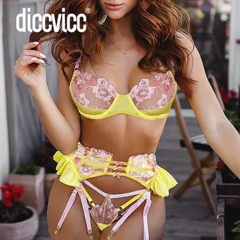 Diccvicc Sexy Lingerie Ondergoed Vrouwen Hete Erotische Lace Push-Up Beha, String Transparant Bloemen Borduursel Korte Sets Vrouwelijke Kleding